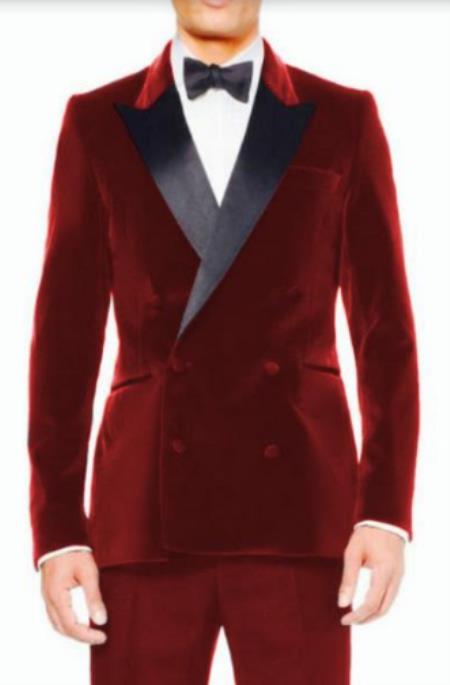 Style#-B6362 Mens Hot Red Velvet Tuxedo Sport Coat - Velvet Suits Double Breasted Blazer - Slim Fit