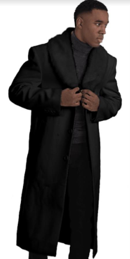 Mens Overcoat With Fur Collar - Black Topcoat