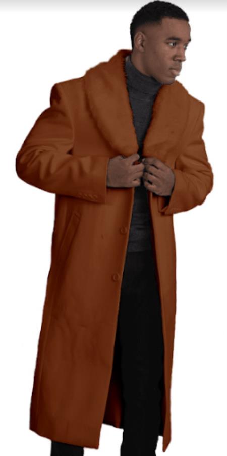 Mens Overcoat With Fur Collar - Brown Topcoat