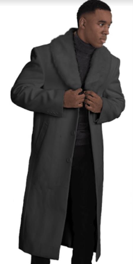 Mens Overcoat With Fur Collar - Charcoal Topcoat