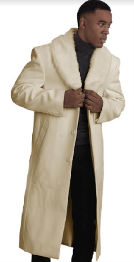 Mens Overcoat With Fur Collar - Cream Topcoat