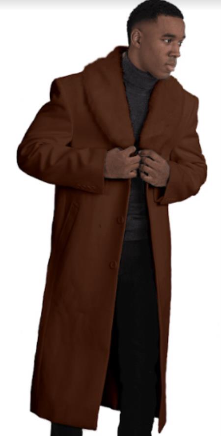 Mens Overcoat With Fur Collar - Dark Brown Topcoat