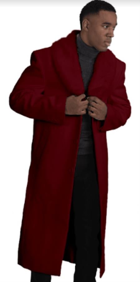 Mens Overcoat With Fur Collar - Burgundy Topcoat - Maroon Wool Fabric Long Coat