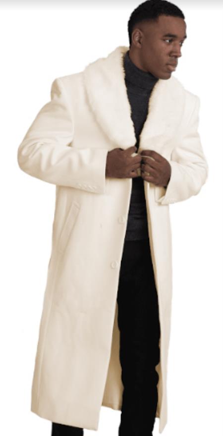 Mens Overcoat With Fur Collar - Ivory Topcoat