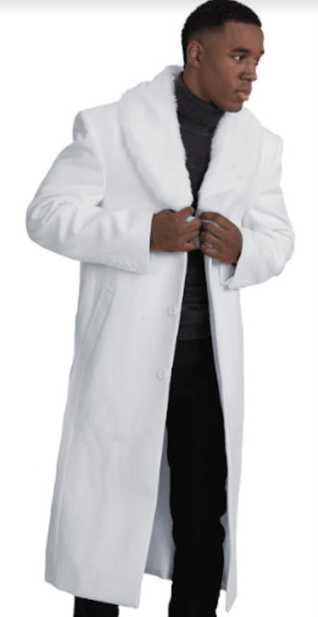 Mens Overcoat With Fur Collar - Off-White Topcoat