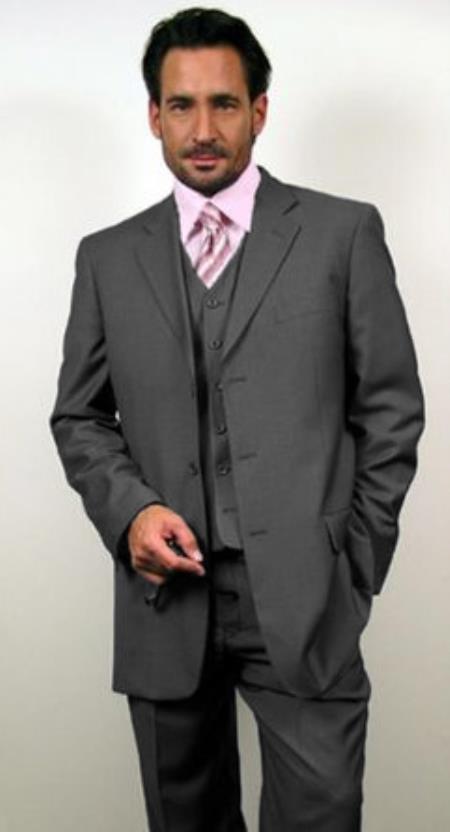 Classic Fit - Dark Grey Suit - Three Button Vested Suit - Athletic Fit - 100% Percent Wool Fabric Suit - Worsted Wool Business Suit