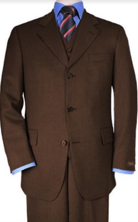 Classic Fit - Dark Brown Suit - Three Button Vested Suit - Athletic Fit - 100% Percent Wool Fabric Suit - Worsted Wool Business Suit