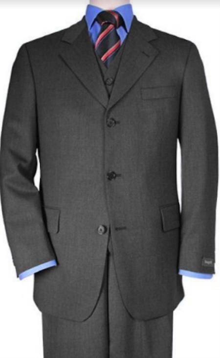 Classic Fit - Dark Grey Suit - Three Button Vested Suit - Athletic Fit - 100% Percent Wool Fabric Suit - Worsted Wool Business Suit
