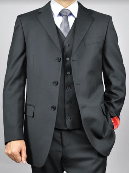 Classic Fit - Charcoal Suit - Three Button Vested Suit - Athletic Fit