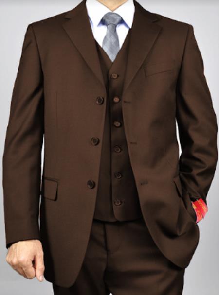 Classic Fit - Dark Brown Suit - Three Button Vested Suit - Athletic Fit - 100% Percent Wool Fabric Suit - Worsted Wool Business Suit