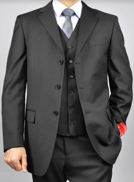 Classic Fit -  Three Button Vested Suit - Athletic Fit Pleated Pants - 100% Wool - Side Vented