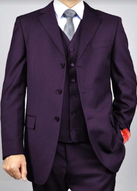 Classic Fit - 100%  Eggplant Suit - Three Button Vested Suit - Athletic Fit