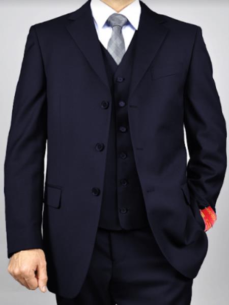 Classic Fit - 100% Navy Suit - Three Button Vested Suit - Athletic Fit - 100% Percent Wool Fabric Suit - Worsted Wool Business Suit