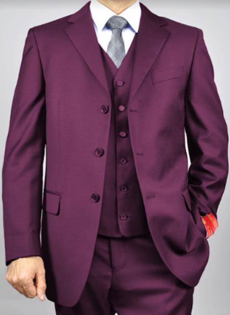 Classic Fit - 100%  Plum Suit - Three Button Vested Suit - Athletic Fit