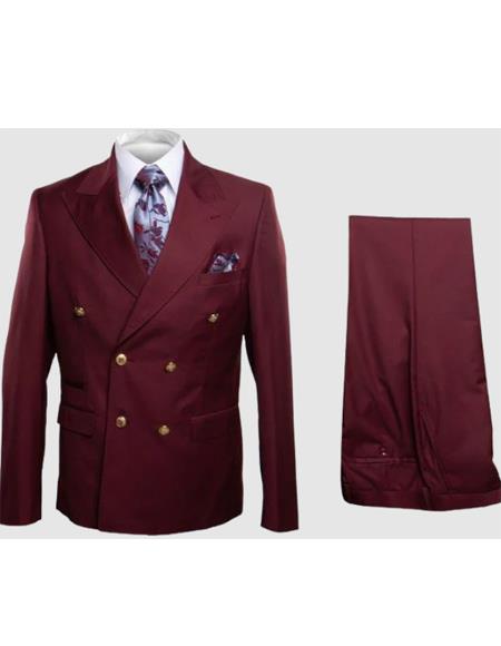 Rossiman Burgundy Men's Suit Double Breasted Slim Fit