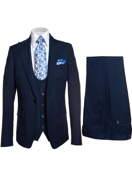 Rossiman Blue Men's Slim-Fit Vested Suit Flat Front Pants