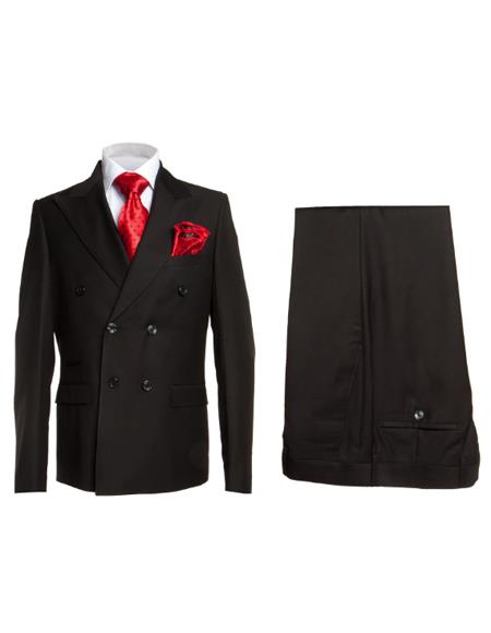 Rossiman Men's Black Slim Fit Suit Double Brest Vest Flat Front Pants