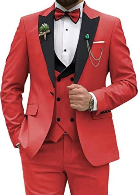 Ultra Slim Fit Prom Tuxedos - Red Prom Suits with Double Breasted Vest - Homecoming Suit