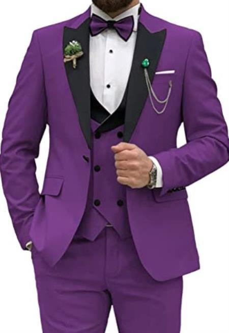 Ultra Slim Fit Prom Tuxedos - Purple Prom Suits with Double Breasted Vest - Homecoming Suit