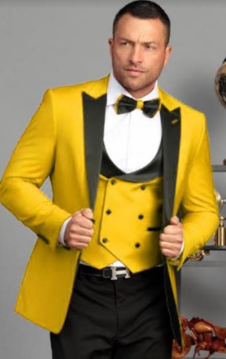 Ultra Slim Fit Prom Tuxedos - Yellow Prom Suits with Double Breasted Vest - Homecoming Suit