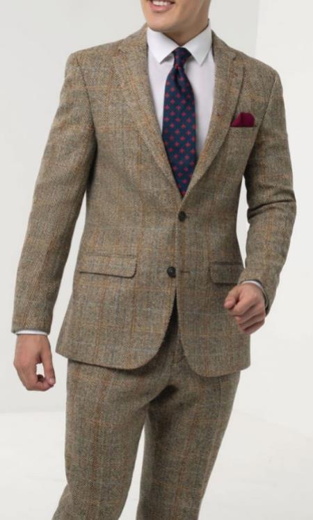 Mens Winter Suit - Suit For Cold Weather - Winter Color Tweed Herringbone Brown Suit