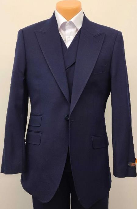 Mens Big and Tall Size Suits - Plus Size Mens Solid Navy Suit - Peak Lapel Ticket Pocket
