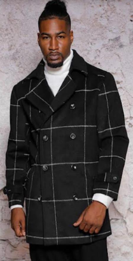 Mens Plaid Peacoat - Plaid Pattern Black Coat