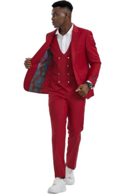Mens Suits With Gold Buttons - Red