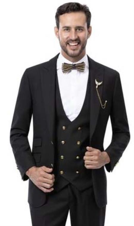 Mens Suit with Gold Buttons Black Three Pieces Double Breasted Vest Black