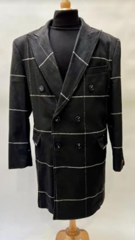 Black Plaid Overcoat - Topcoat With WindowPane Pattern Double Breasted Style