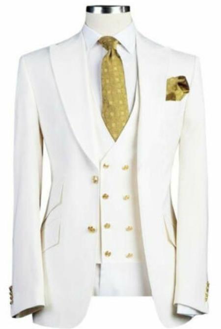 Men White Designer Gold Button Wedding Grooms Dinner Suit