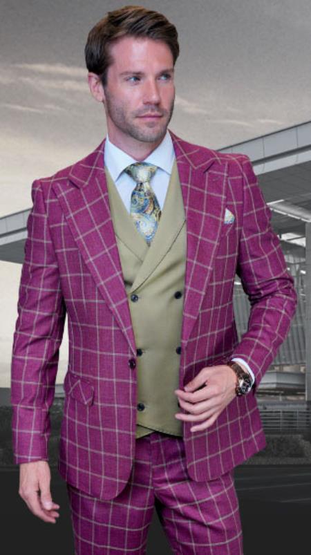 Mens 1 Button Modern Fit Suits Flat Front Pants Suit - Wine - 100% Percent Wool Fabric Suit - Worsted Wool Business Suit