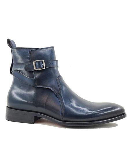 Buckle Leather Strap Boots - Navy