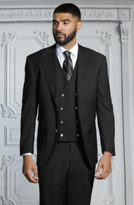 Mens Suits With Double Breasted Vest - Black Peak Lapel Suits - Ticket Pocket - With Gold Buttons - Slim Fitted