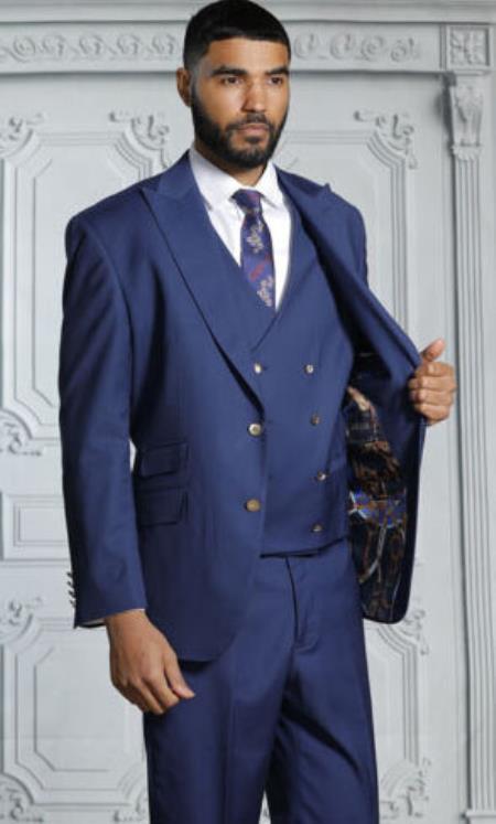 Mens Suits With Double Breasted Vest - Sapphire Peak Lapel Suits - Ticket Pocket - With Gold Buttons - Slim Fitted