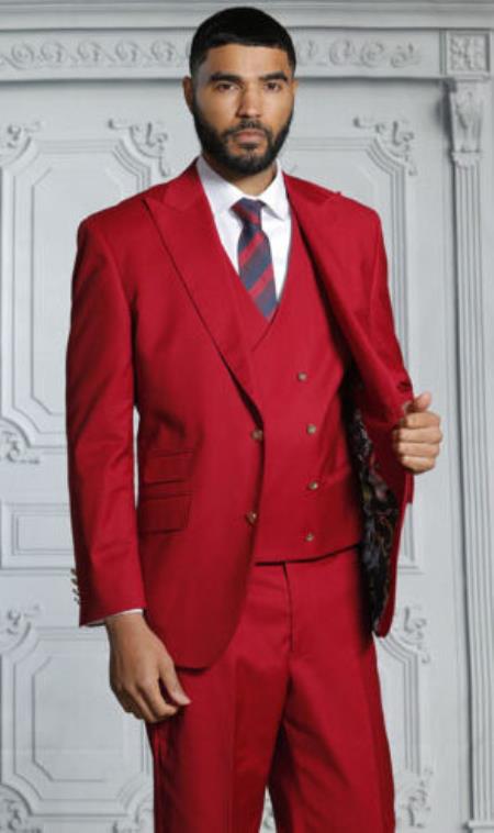 Mens Suits With Double Breasted Vest - Ruby Red Peak Lapel Suits - Ticket Pocket - With Gold Buttons - Slim Fitted