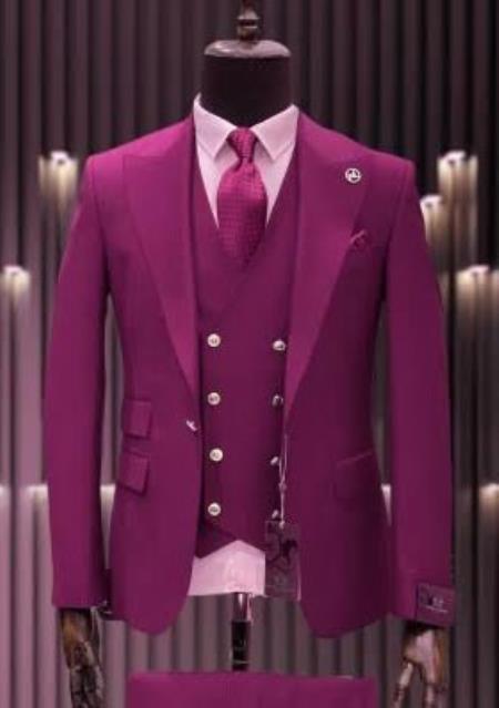 Hot Pink Suit With Gold Buttons Suit - Ticket Pocket DB Vest