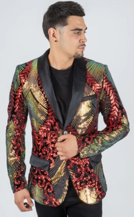 Mens Sequin Blazer - Shiny Stage Flashy Sport Coat - Slim Fit Red ~ Gold
