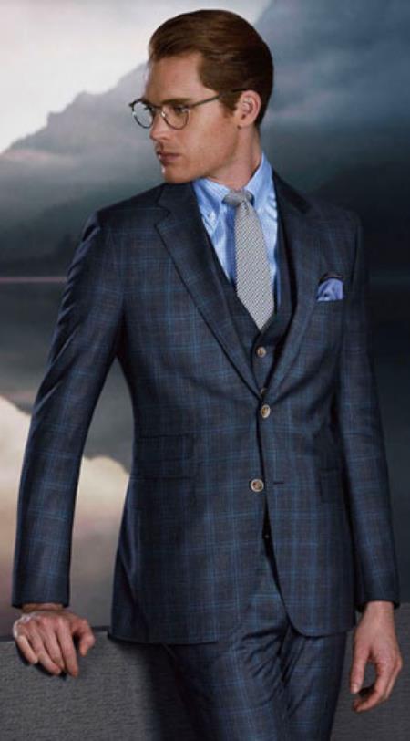 Charcoal Grey With Blue Pattern Vested Suit - Suit By Albertonardoni Plaid-235