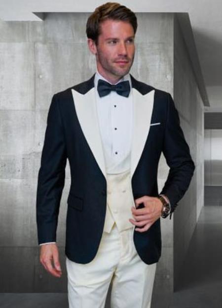 Statement Mens Fashion Tuxedo Ivory 3 Piece Fitted Designer