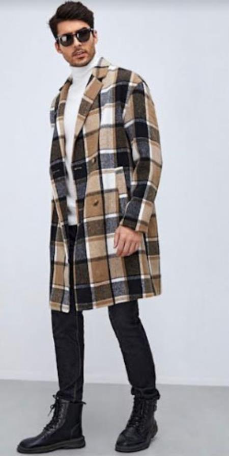 Mens Plaid Overcoat - Houndstooth Checker Pattern Topcoat - Multi-color