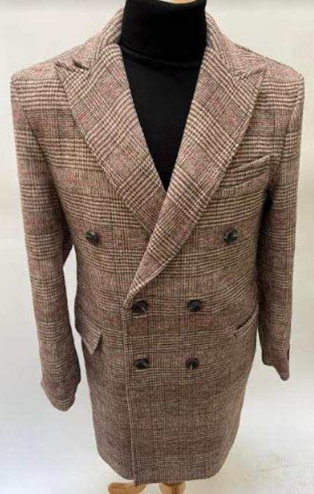 Mens Plaid Overcoat - Houndstooth Checker Pattern Topcoat - Rust Brown