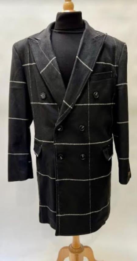 Mens Plaid Overcoat - Houndstooth Checker Pattern Topcoat - Black