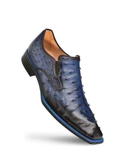 Mezlan Mens Shoes Blue Assymetrical Ostrich Slip On