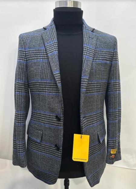 Cashmere and Wool Charcoal Grey and Blue Blazer -  Plaid Sport Coat - Windowpane Pattern