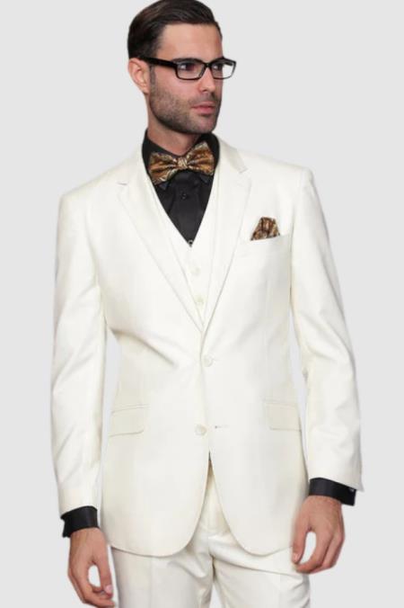 Mens 2 Button Notch Lapel 3 PC Suit With Vest Off-White