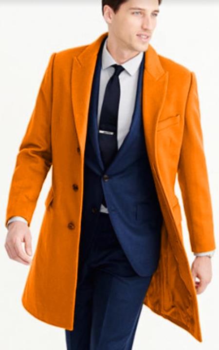 Mens Carcoat - Orange Three Quarter Peak Lapel Topcoat