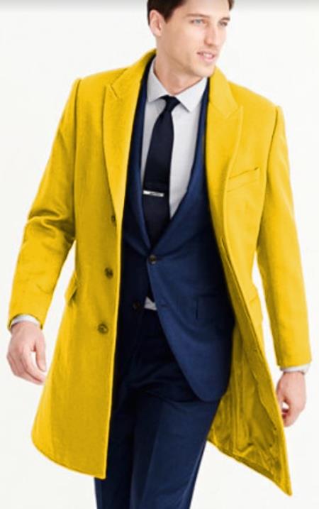 Mens Carcoat - Yellow Three Quarter Peak Lapel Topcoat