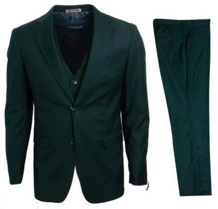 Designer Suit - 3 Piece Suit - Vested Suit - Flat Front Pant- Modern Fit Suits Hunter Green Suit
