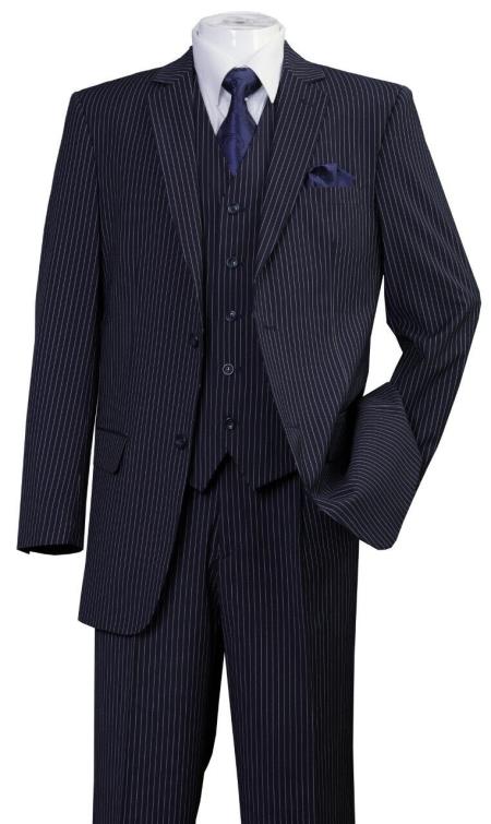 Classic Fit Pleated Pants - 2 Button Suit Pinstripe - Vested Suit 3 Pieces Suits Navy